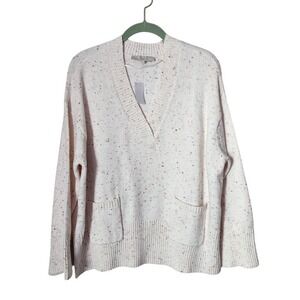 LOFT Speckled Knit V-Neck Pocket Sweater Cream Pink Flecked XS Cozy NEW